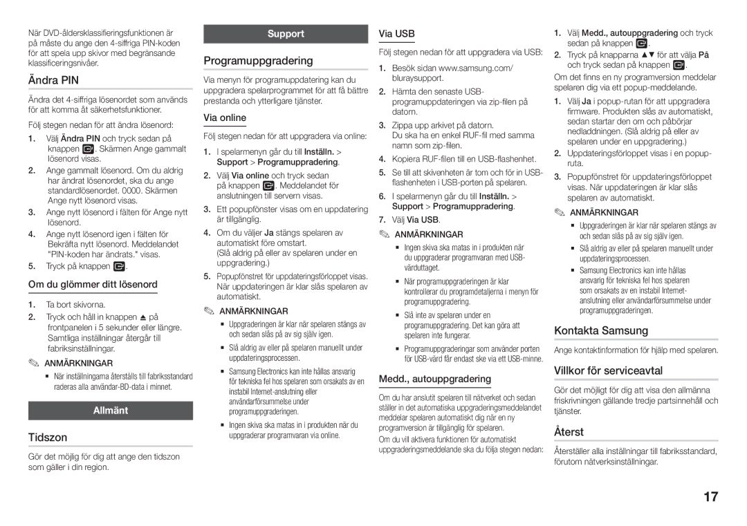 Samsung BD-J5900/XE manual Ändra PIN, Tidszon, Programuppgradering, Kontakta Samsung, Villkor för serviceavtal, Återst 