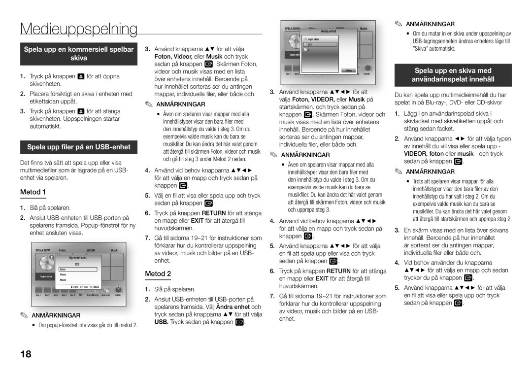 Samsung BD-J5900/XE manual Medieuppspelning, Skiva, Spela upp filer på en USB-enhet, Metod, Slå på spelaren 