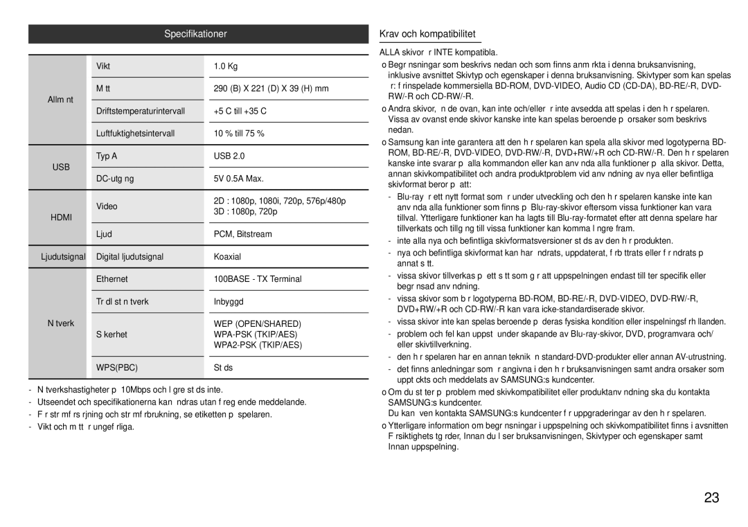 Samsung BD-J5900/XE manual Specifikationer, Krav och kompatibilitet 