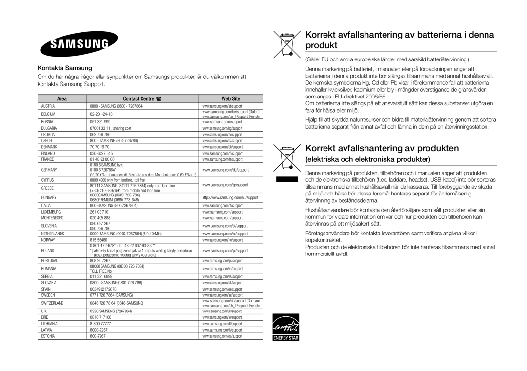 Samsung BD-J5900/XE manual Korrekt avfallshantering av batterierna i denna produkt 