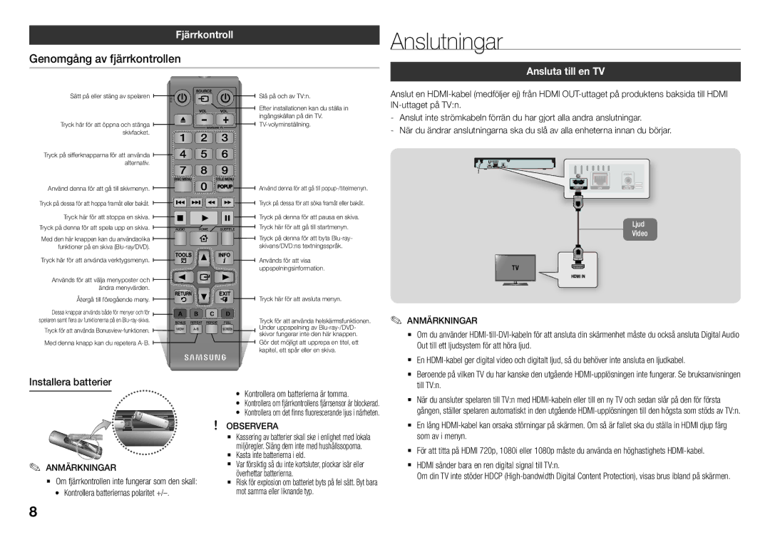 Samsung BD-J5900/XE Anslutningar, Genomgång av fjärrkontrollen, Fjärrkontroll, Ansluta till en TV, Installera batterier 