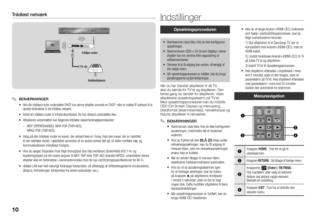 Samsung BD-J5900/XE manual Indstillinger, Trådløst netværk, Opsætningsproceduren, Menunavigation 