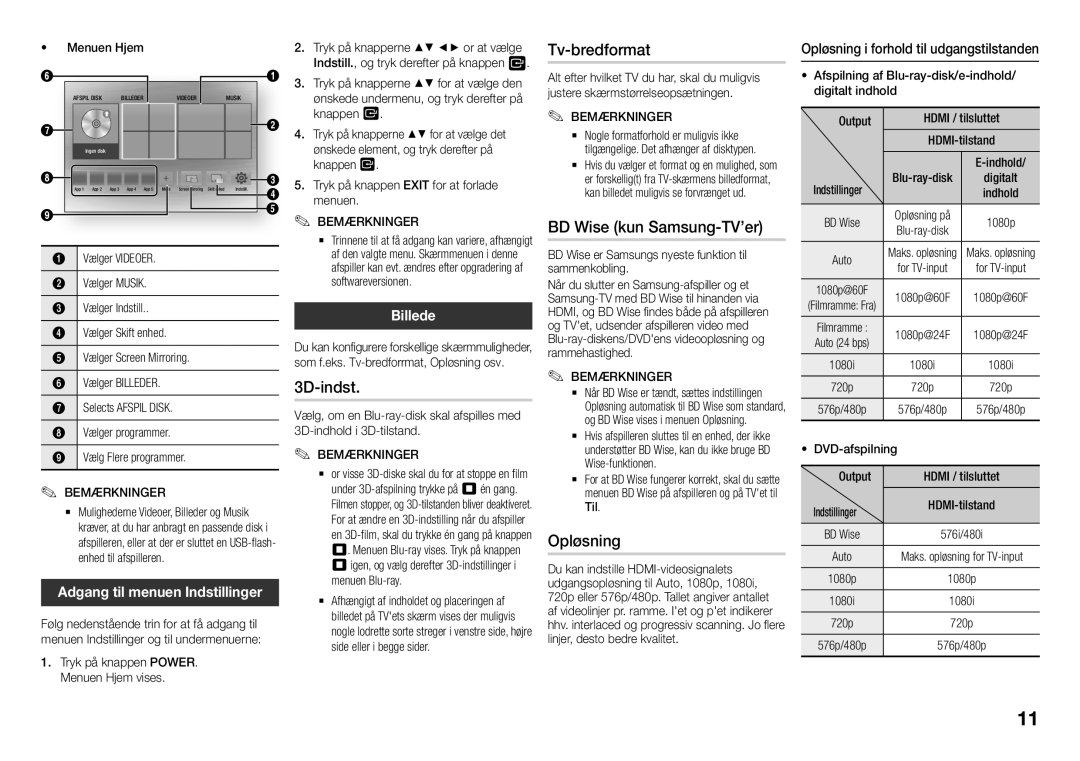 Samsung BD-J5900/XE manual 3D-indst, Tv-bredformat, BD Wise kun Samsung-TV’er, Opløsning 