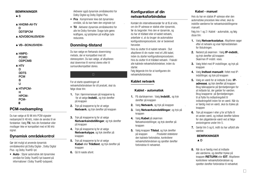 Samsung BD-J5900/XE manual PCM-nedsampling, Dynamisk områdekontrol, Downmixing-tilstand, Netværk 