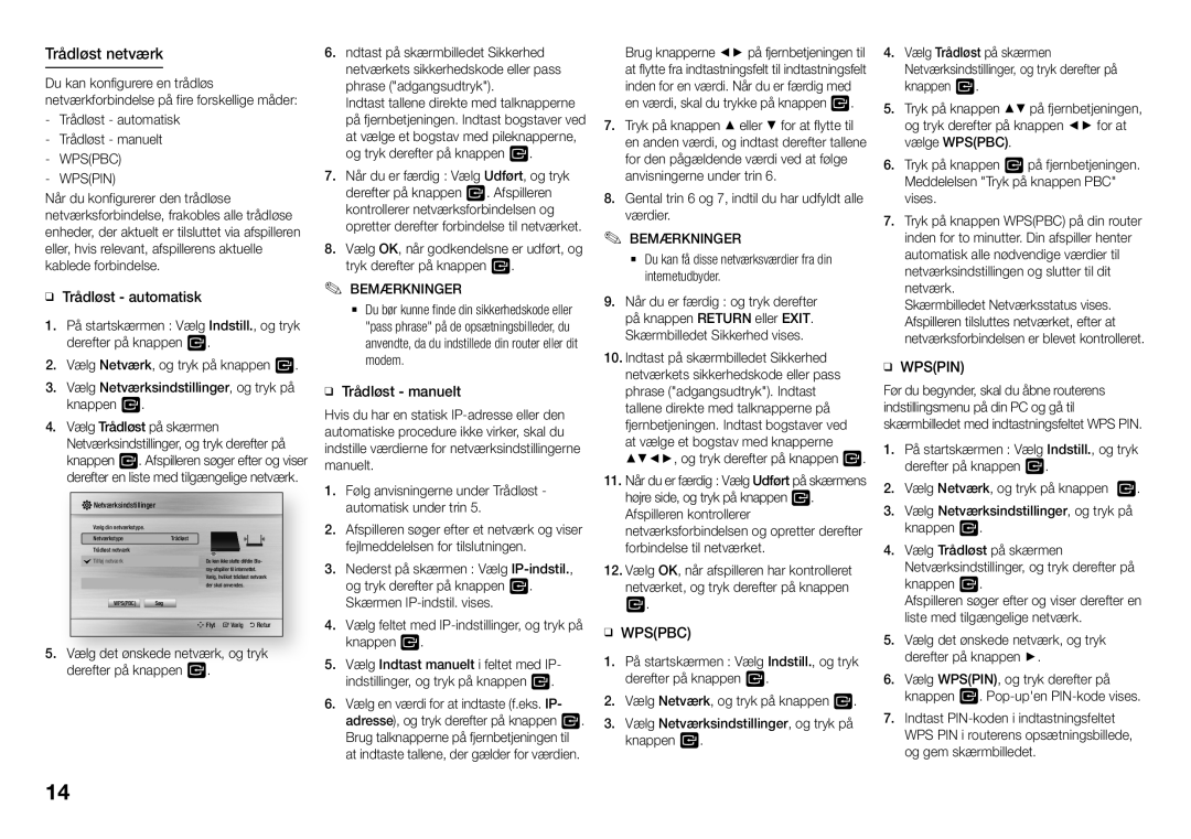 Samsung BD-J5900/XE manual Trådløst netværk, Wpspin, Gental trin 6 og 7, indtil du har udfyldt alle værdier 