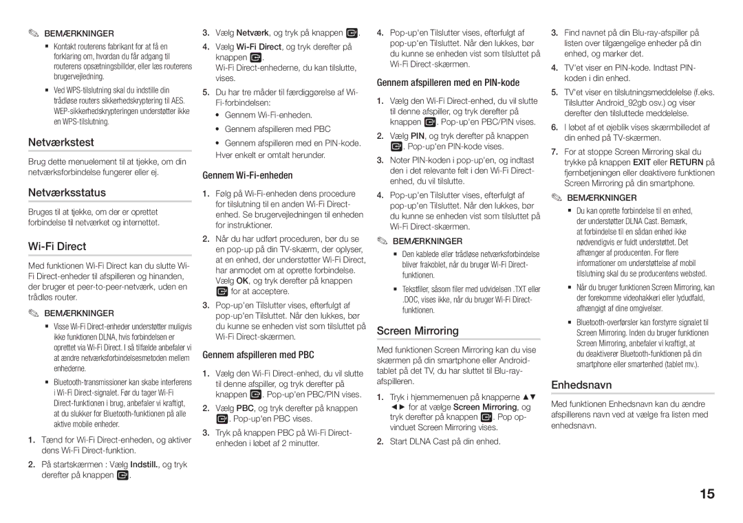 Samsung BD-J5900/XE manual Netværkstest, Netværksstatus, Wi-Fi Direct, Screen Mirroring, Enhedsnavn 