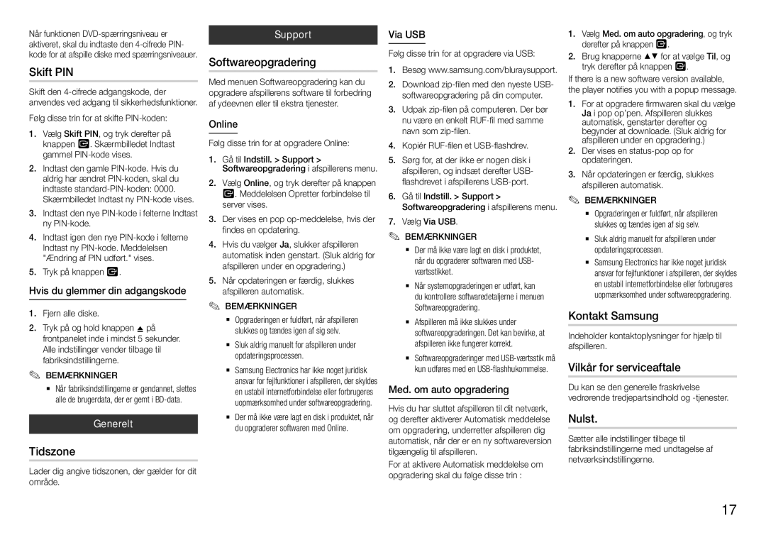 Samsung BD-J5900/XE manual Skift PIN, Tidszone, Softwareopgradering, Kontakt Samsung, Vilkår for serviceaftale, Nulst 