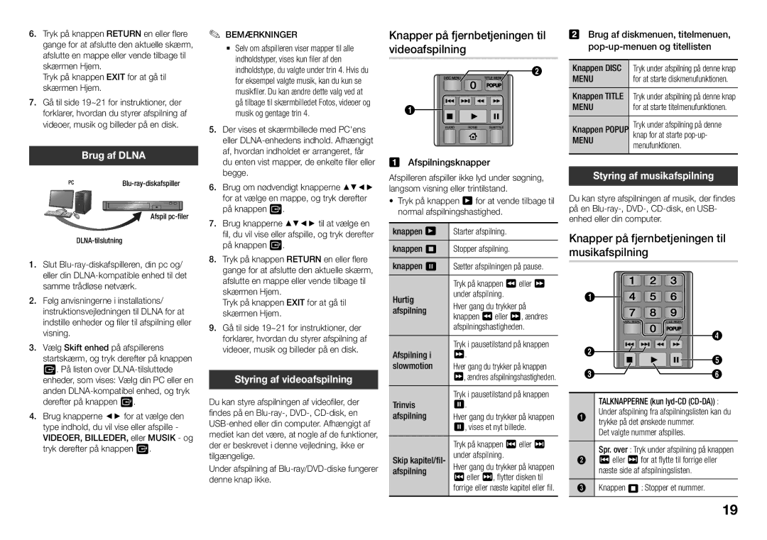 Samsung BD-J5900/XE manual Knapper på fjernbetjeningen til videoafspilning, Knapper på fjernbetjeningen til musikafspilning 