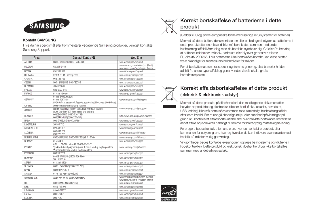 Samsung BD-J5900/XE manual Korrekt bortskaffelse af batterierne i dette produkt 