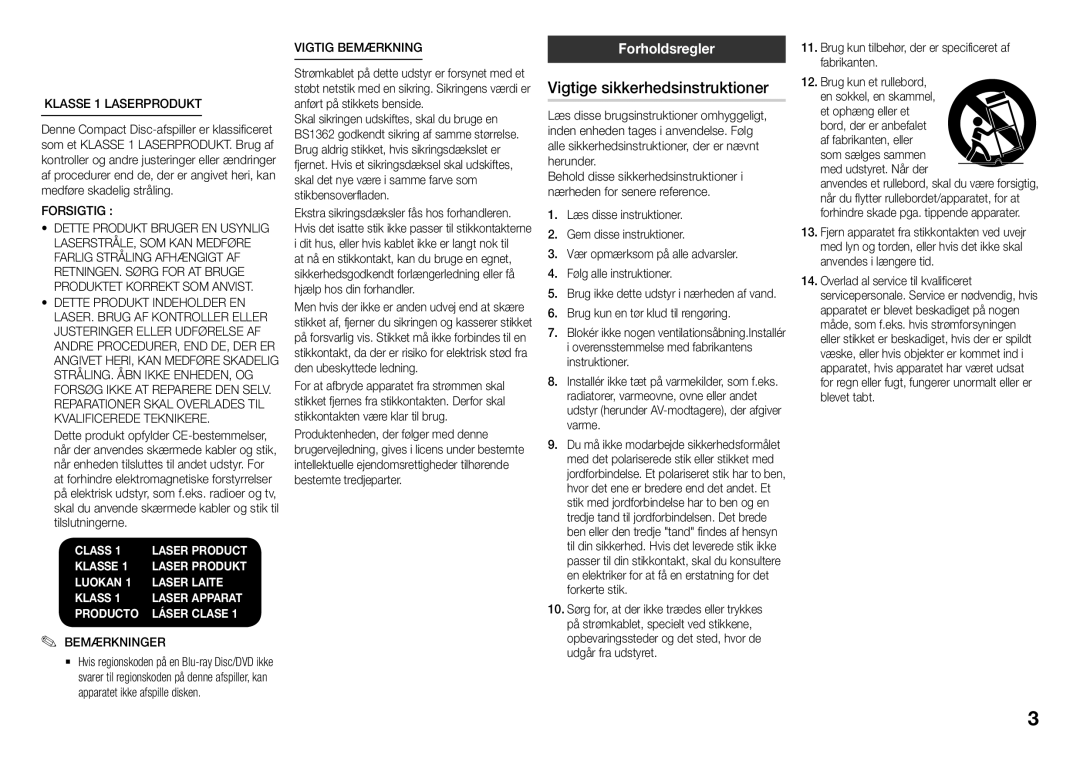 Samsung BD-J5900/XE manual Vigtige sikkerhedsinstruktioner, Forholdsregler 