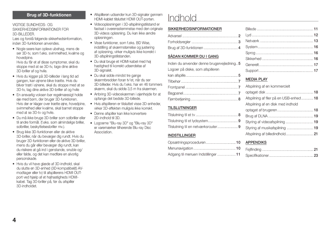 Samsung BD-J5900/XE manual Indhold, Brug af 3D-funktionen, Vigtige SUNDHEDS- OG, Sikkerhedsinformationer for 3D-BILLEDER 