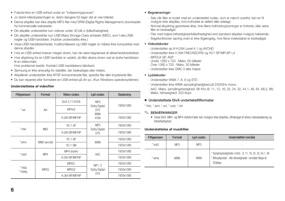 Samsung BD-J5900/XE manual Opløsning, 1920x1080, Ttxt, *.smi, *.srt, *.sub, *.txt, 355kbps 