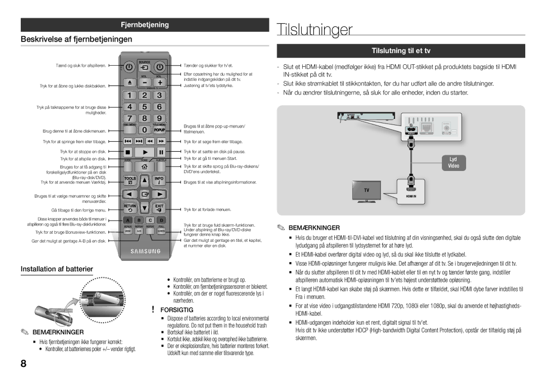 Samsung BD-J5900/XE manual Tilslutninger, Beskrivelse af fjernbetjeningen, Fjernbetjening, Tilslutning til et tv 