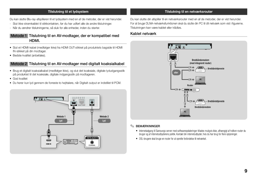 Samsung BD-J5900/XE manual Kablet netværk, Tilslutning til et lydsystem, Tilslutning til en netværksrouter, God kvalitet 