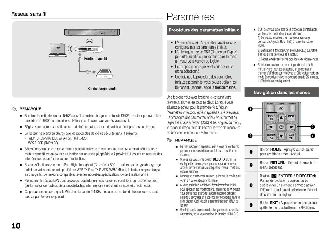 Samsung BD-J5900/ZF manual Paramètres, Réseau sans fil, Procédure des paramètres initiaux, Navigation dans les menus 