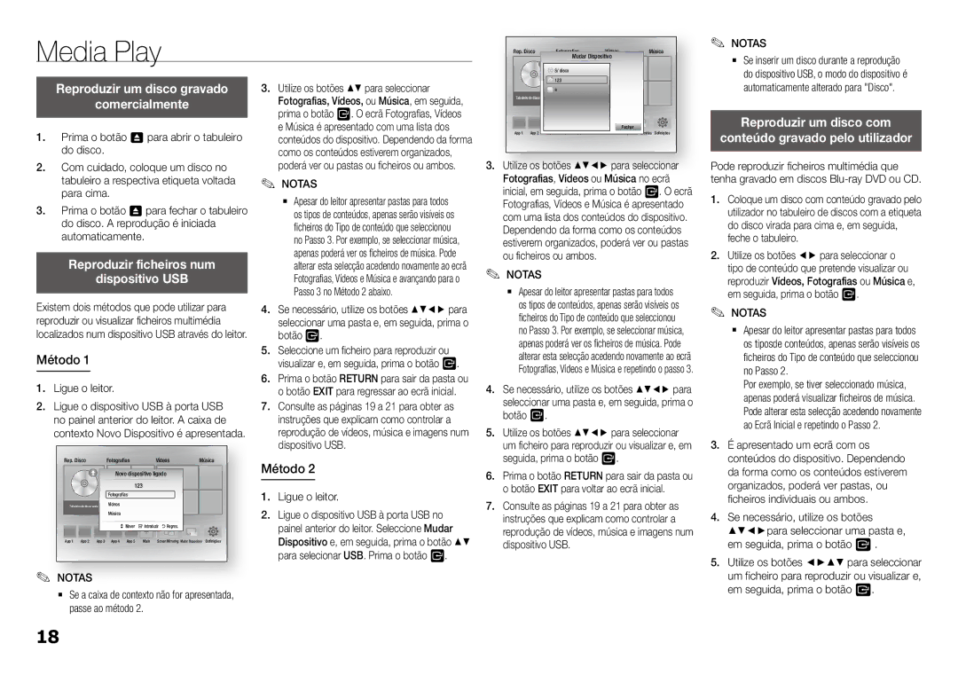 Samsung BD-J5900/ZF manual Media Play, Reproduzir um disco gravado Comercialmente, Reproduzir ficheiros num Dispositivo USB 