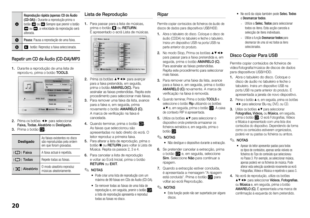 Samsung BD-J5900/ZF manual Lista de Reprodução, Ripar, Disco Copiar Para USB, Repetir um CD de Áudio CD-DA/MP3 