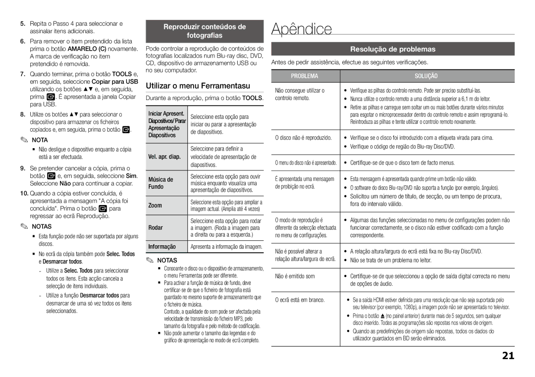 Samsung BD-J5900/ZF Apêndice, Utilizar o menu Ferramentasu, Reproduzir conteúdos de Fotografias, Resolução de problemas 