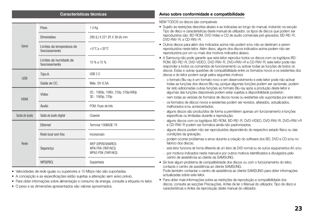 Samsung BD-J5900/ZF manual Características técnicas, Peso Dimensões X 221 P X 39 a mm, Áudio PCM, Fluxo de bits, Supportada 