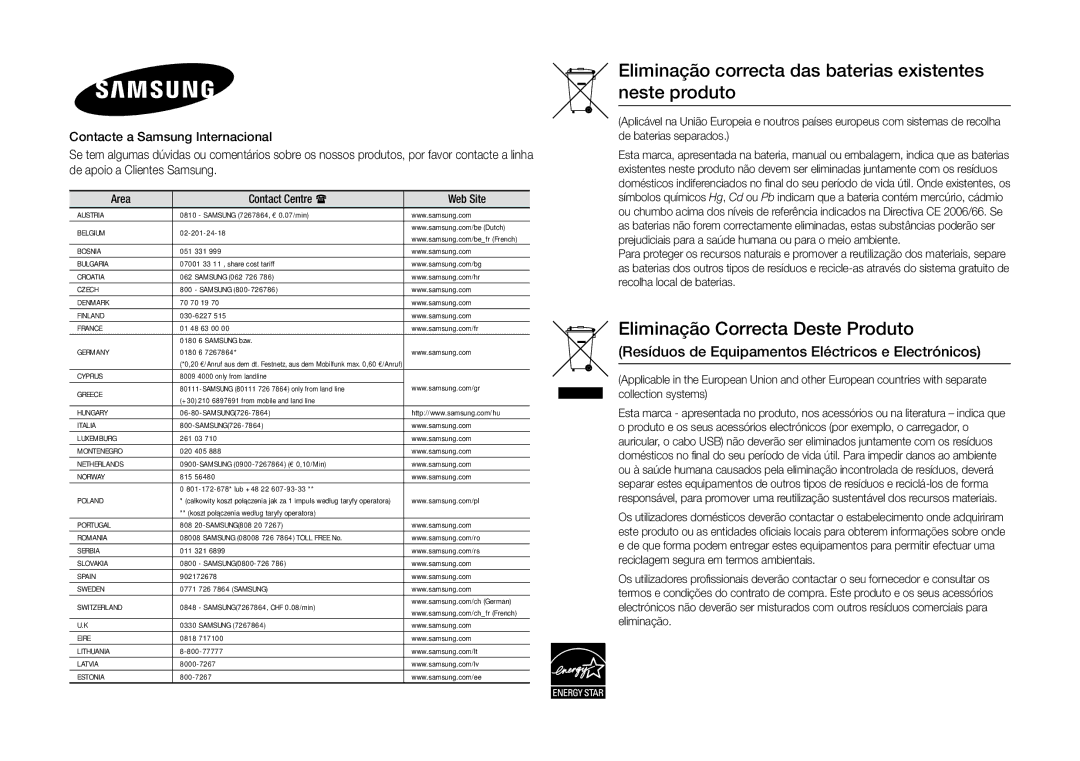 Samsung BD-J5900/ZF manual Eliminação correcta das baterias existentes neste produto 