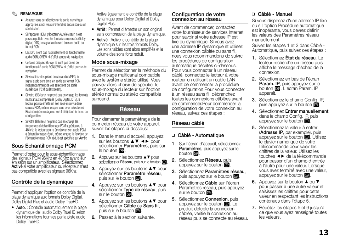 Samsung BD-J5900/ZF manual Mode sous-mixage, Réseau, Sous Echantillonnage PCM, Contrôle de la dynamique, ĞĞ Câblé Manuel 