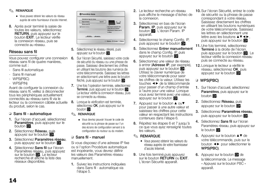 Samsung BD-J5900/ZF manual ĞĞ Sans fil automatique, ĞĞ Sans fil manuel, Wpspbc Wpspin, Sélectionnez une valeur de réseau 