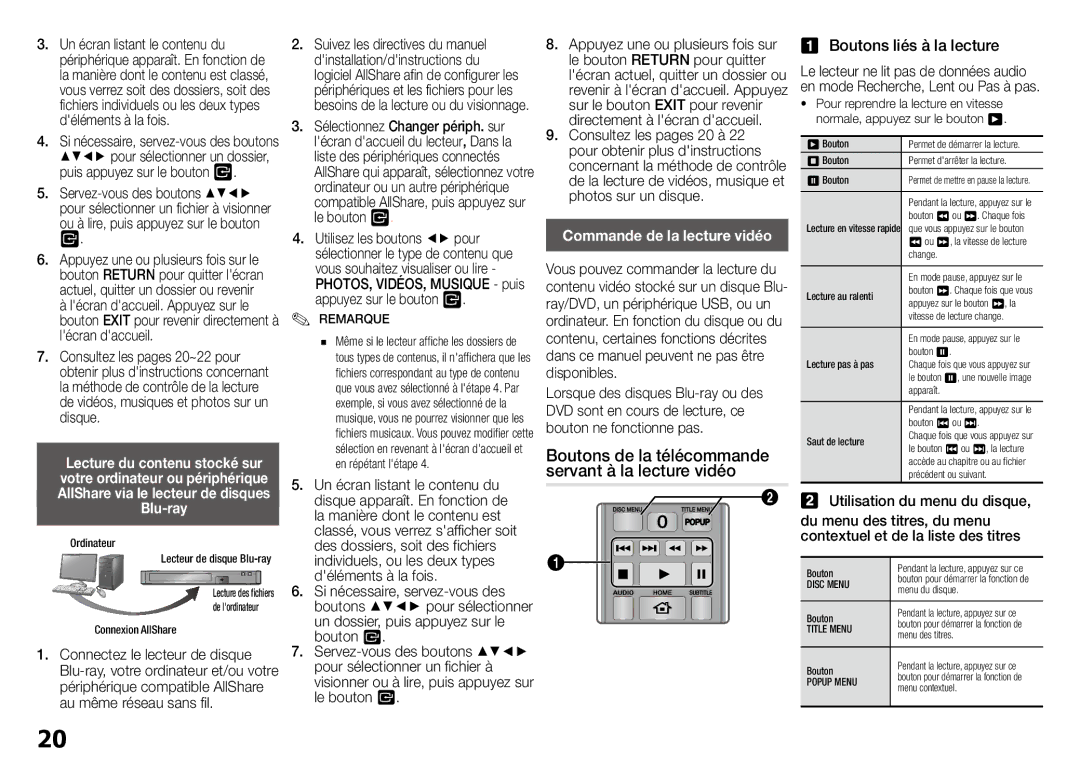 Samsung BD-J5900/ZF manual Boutons de la télécommande servant à la lecture vidéo, Boutons liés à la lecture 