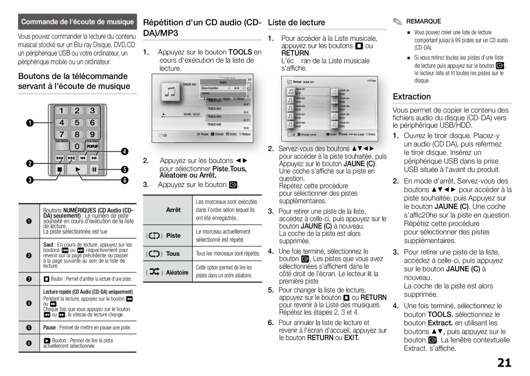 Samsung BD-J5900/ZF manual Répétition dun CD audio CD- Liste de lecture DA/MP3, Extraction, Commande de lécoute de musique 