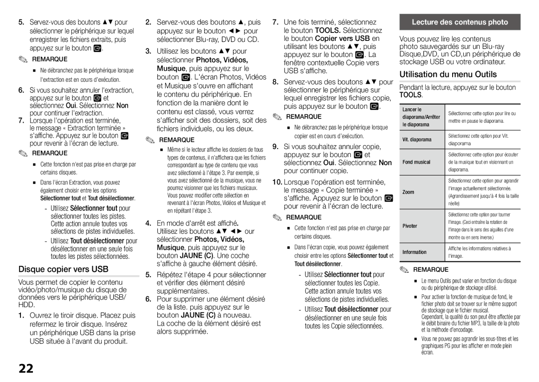 Samsung BD-J5900/ZF Disque copier vers USB, La coche de la élément désiré est alors supprimée, Lecture des contenus photo 