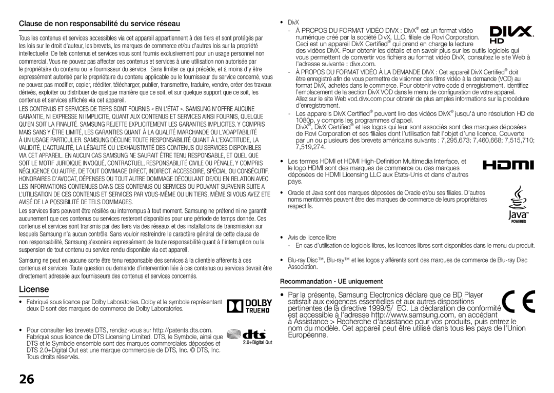 Samsung BD-J5900/ZF manual License, Clause de non responsabilité du service réseau 