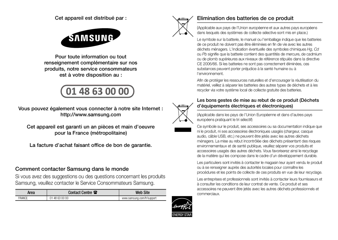 Samsung BD-J5900/ZF manual Comment contacter Samsung dans le monde, Elimination des batteries de ce produit 