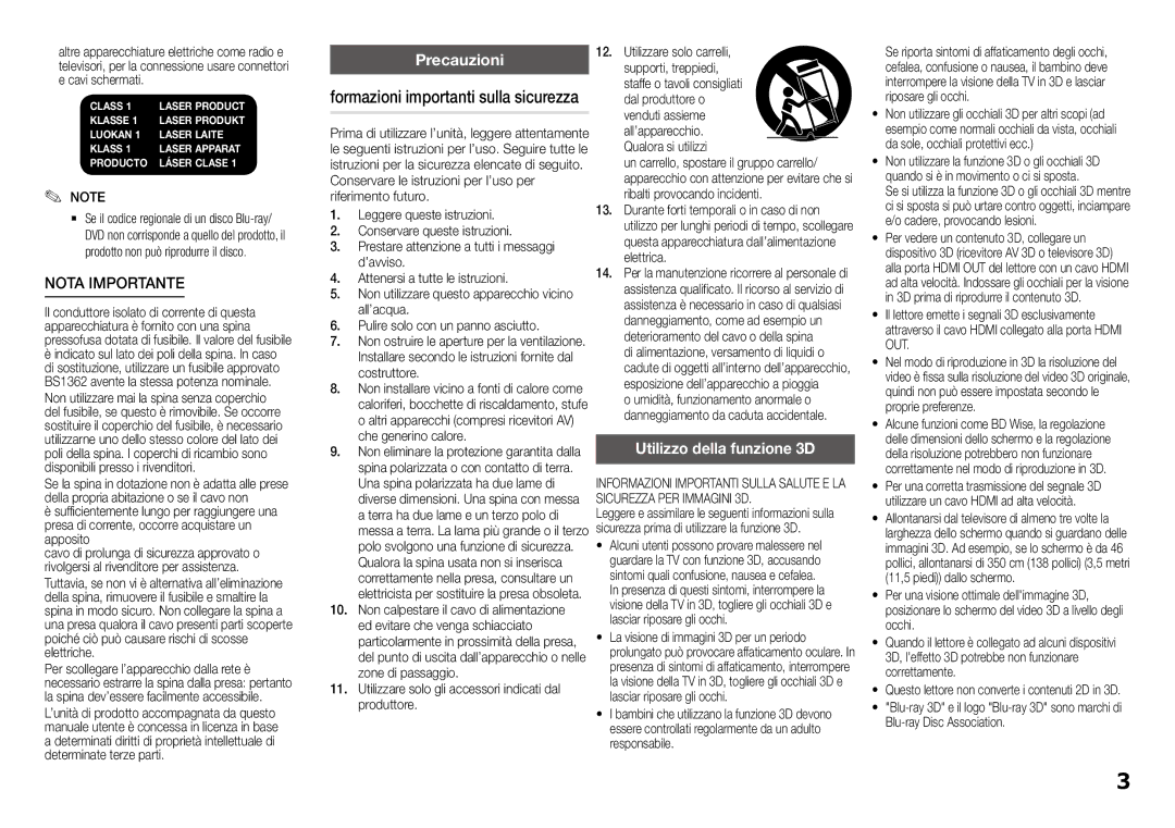 Samsung BD-J5900/ZF manual Precauzioni, Formazioni importanti sulla sicurezza, Utilizzo della funzione 3D 