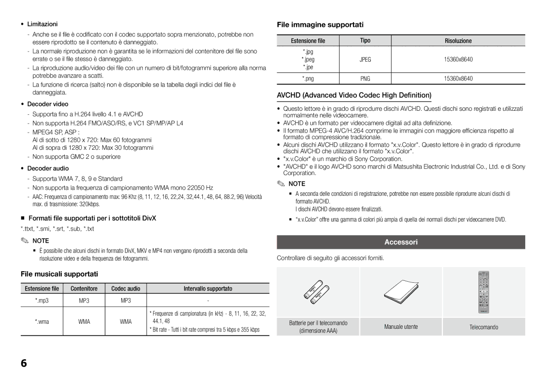 Samsung BD-J5900/ZF manual Avchd Advanced Video Codec High Definition, Accessori, Jpeg, Png 