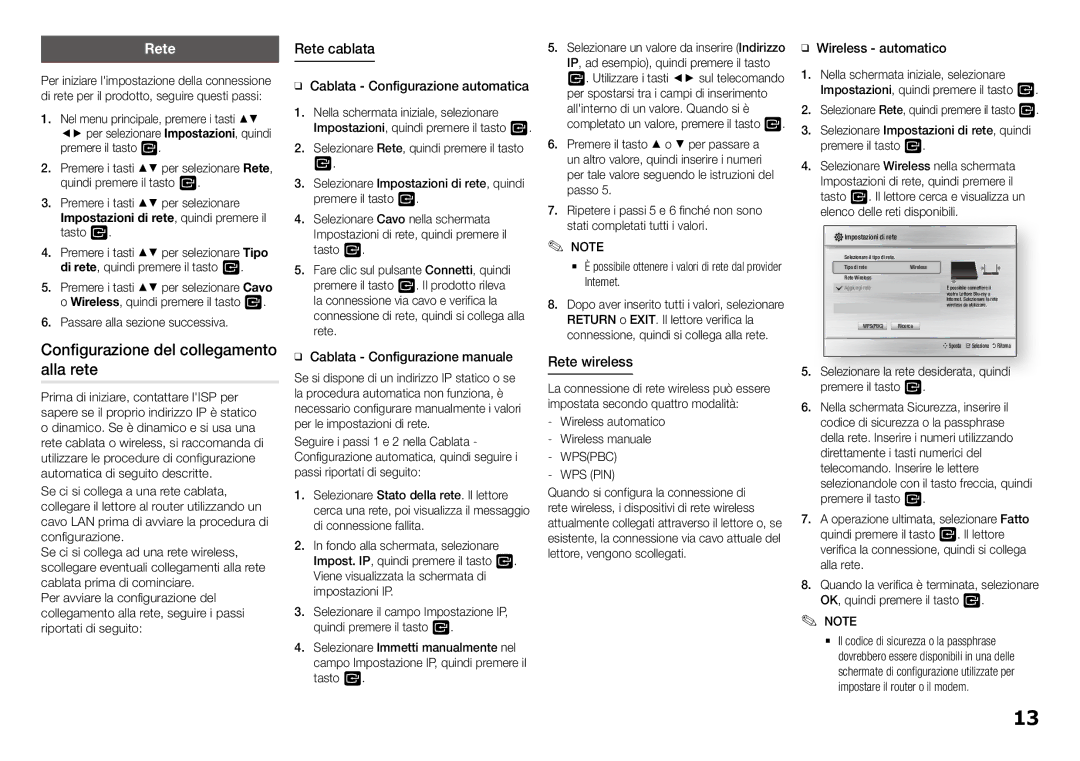 Samsung BD-J5900/ZF manual Configurazione del collegamento alla rete, Rete cablata, Rete wireless 