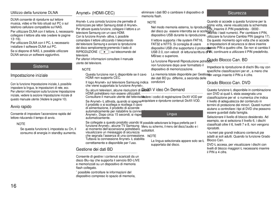 Samsung BD-J5900/ZF Impostazione iniziale, Avvio rapido, Anynet+ HDMI-CEC, Gestione dei dati BD, DivX Video On Demand 