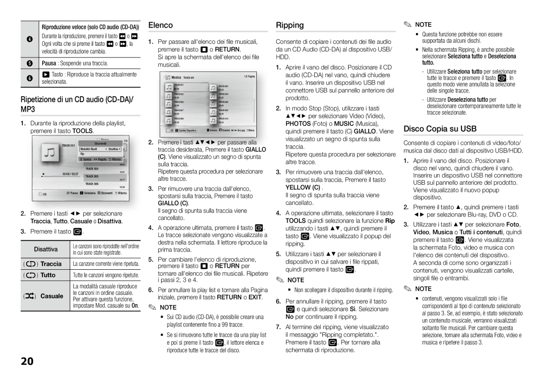 Samsung BD-J5900/ZF manual Ripetizione di un CD audio CD-DA/ MP3, Elenco, Ripping, Disco Copia su USB 