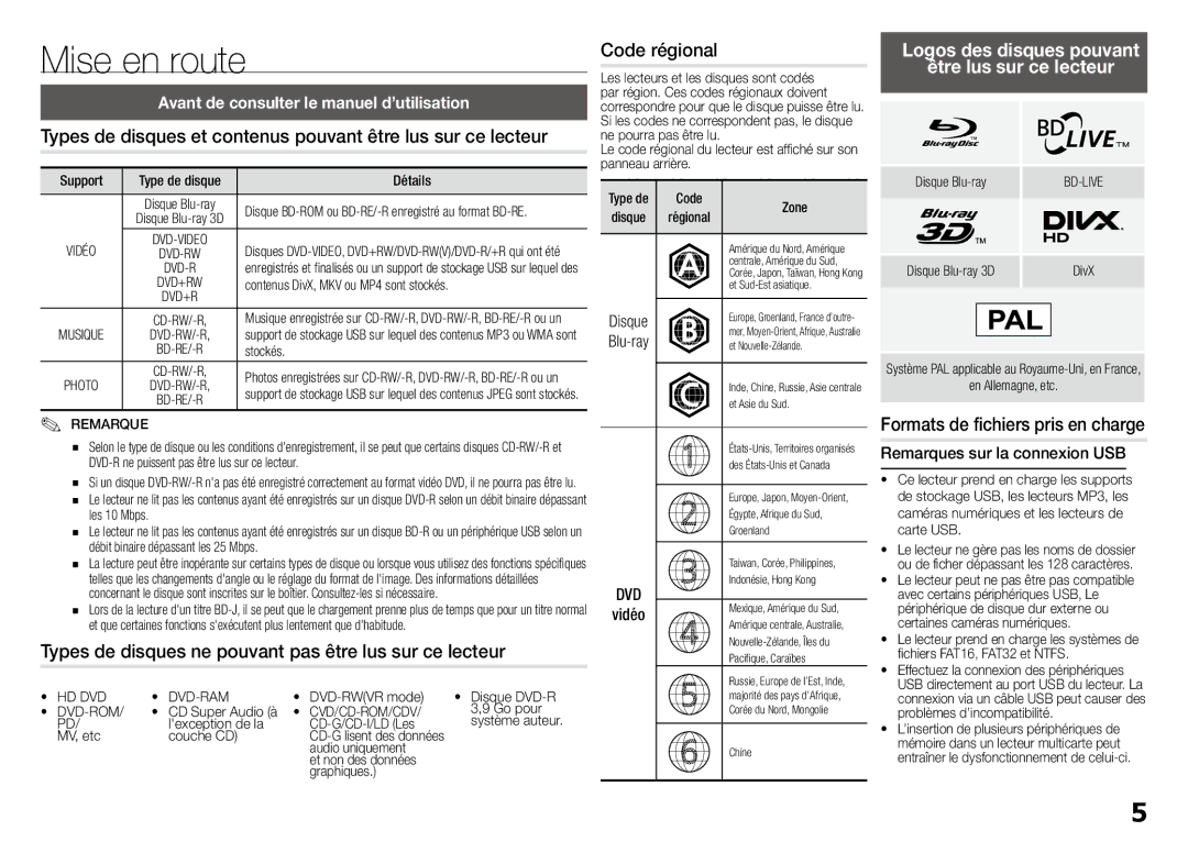 Samsung BD-J5900/ZF Mise en route, Logos des disques pouvant Être lus sur ce lecteur, Formats de fichiers pris en charge 