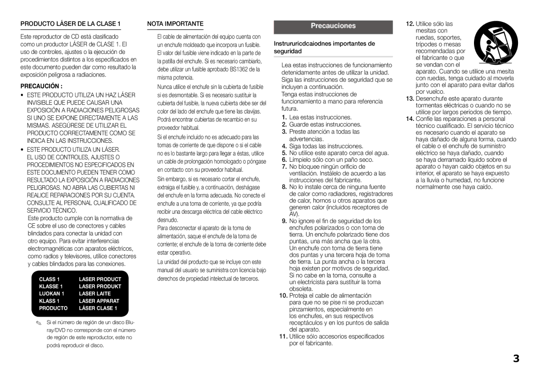 Samsung BD-J5900/ZF manual Precauciones, Producto Láser DE LA Clase, Nota Importante 