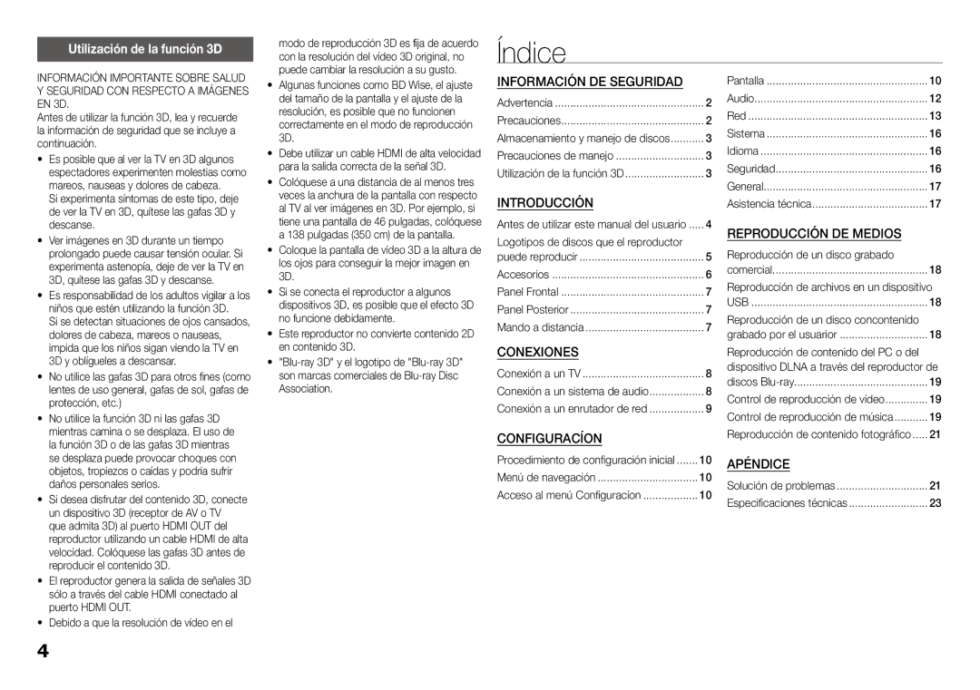 Samsung BD-J5900/ZF manual Índice, Utilización de la función 3D 