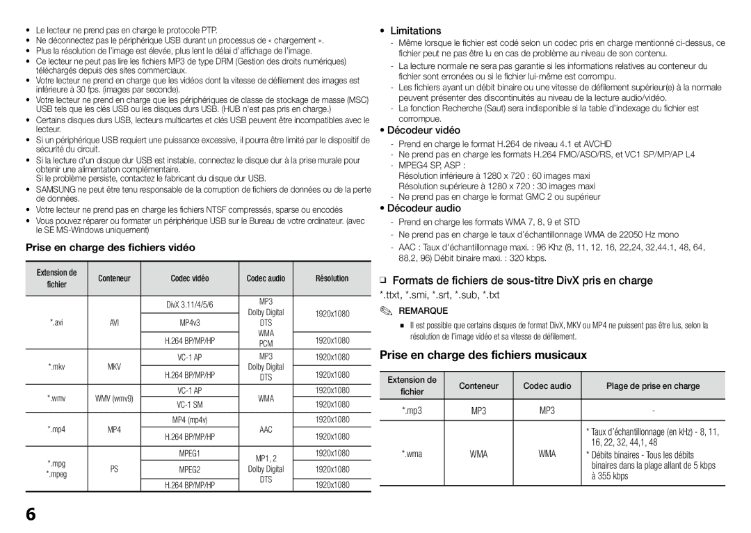 Samsung BD-J5900/ZF manual Limitations, Décodeur vidéo, Décodeur audio, 16, 22, 32, 44,1, Kbps 