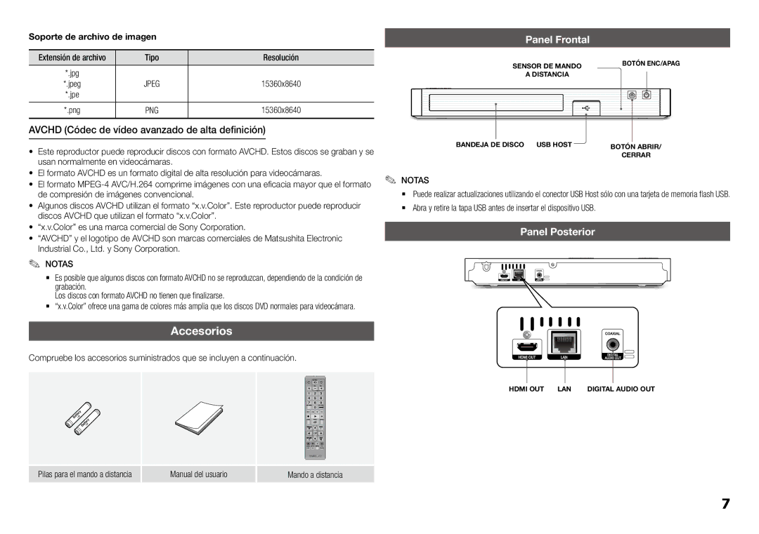 Samsung BD-J5900/ZF manual Avchd Códec de vídeo avanzado de alta definición, Panel Frontal, Panel Posterior 