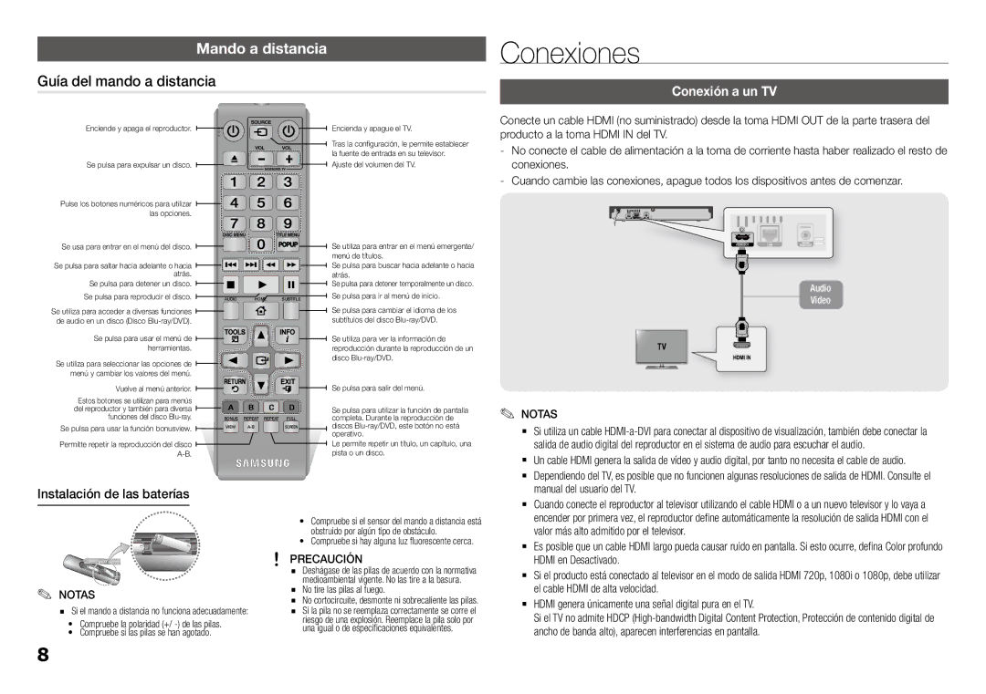 Samsung BD-J5900/ZF Conexiones, Guía del mando a distancia, Conexión a un TV, Instalación de las baterías, Precaución 