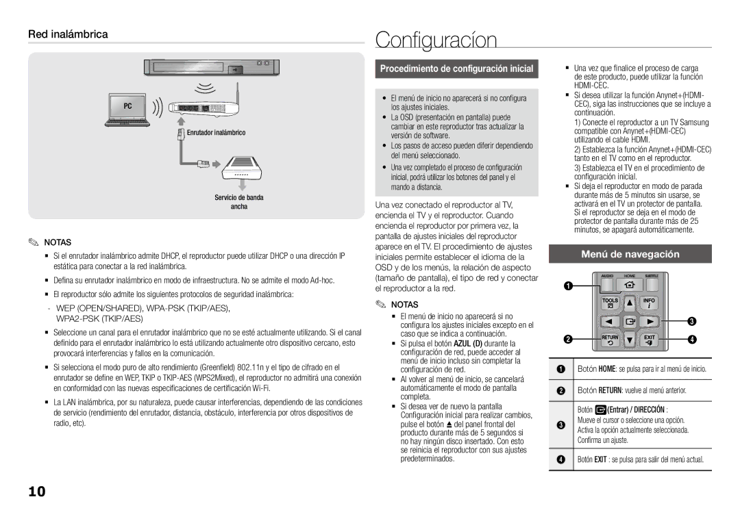 Samsung BD-J5900/ZF manual Configuracíon, Red inalámbrica, Menú de navegación 