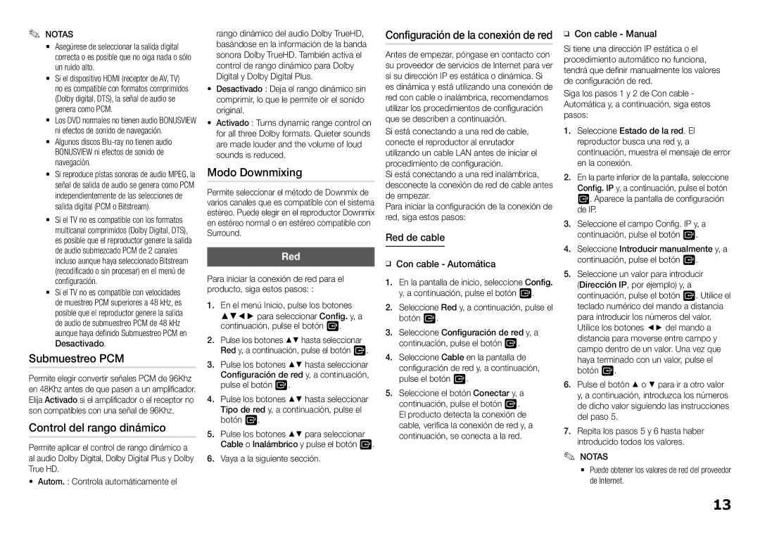 Samsung BD-J5900/ZF manual Submuestreo PCM, Control del rango dinámico, Modo Downmixing, Red 