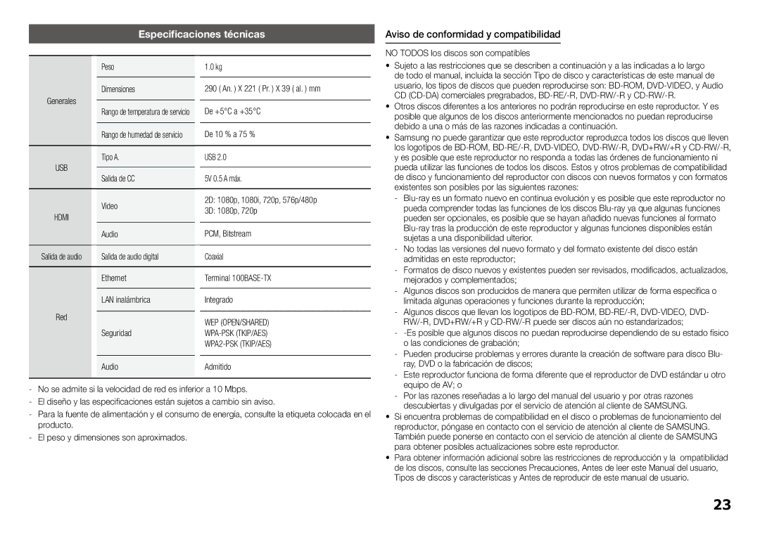 Samsung BD-J5900/ZF manual Especificaciones técnicas, Aviso de conformidad y compatibilidad 