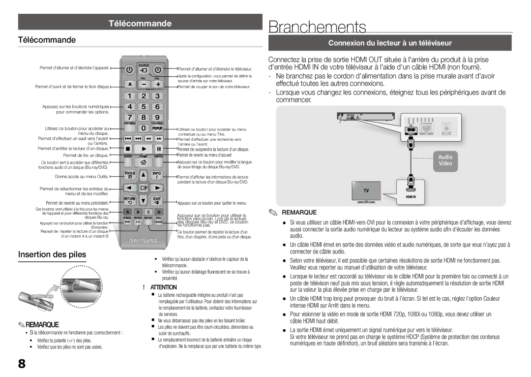 Samsung BD-J5900/ZF manual Branchements, Télécommande, Insertion des piles, Connexion du lecteur à un téléviseur 