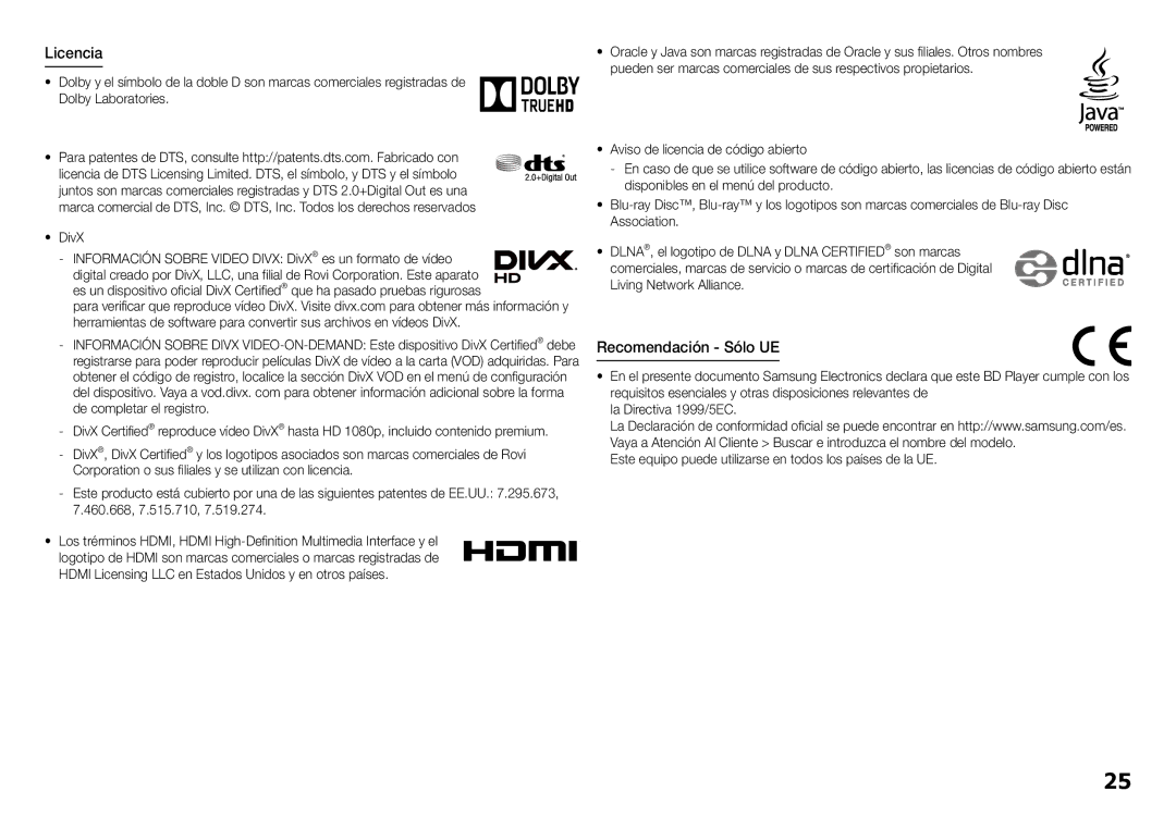 Samsung BD-J5900/ZF manual Licencia, Recomendación Sólo UE, Living Network Alliance 