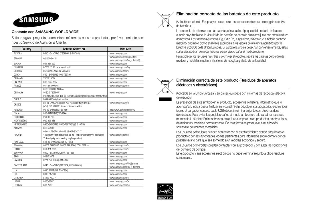 Samsung BD-J5900/ZF manual Eliminación correcta de las baterías de este producto 