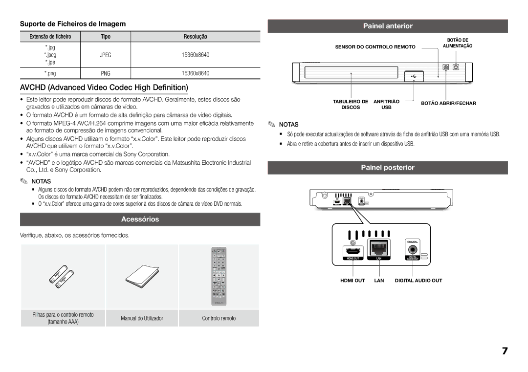 Samsung BD-J5900/ZF manual Avchd Advanced Video Codec High Definition, Acessórios, Painel anterior, Painel posterior 