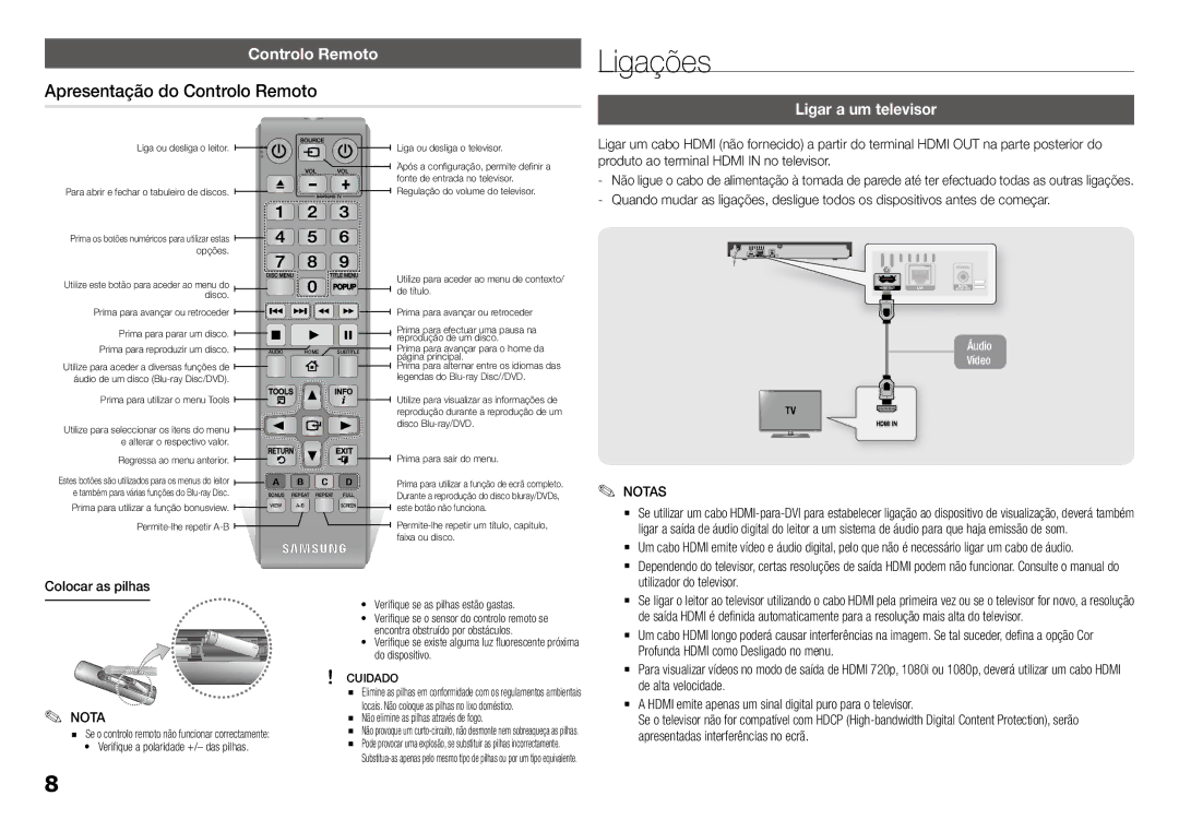 Samsung BD-J5900/ZF manual Ligações, Apresentação do Controlo Remoto, Ligar a um televisor, Colocar as pilhas 